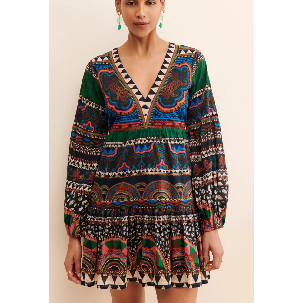 Farm Rio Anthropologie V-Neck Printed Tunic Dress S Leopard Boho 100% Cotton